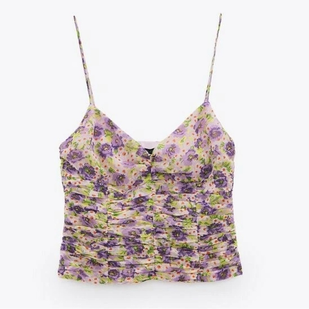 NWT Zara Purple Floral Ruched Corset Cami Crop Top M Coquette Sheer Cottagecore